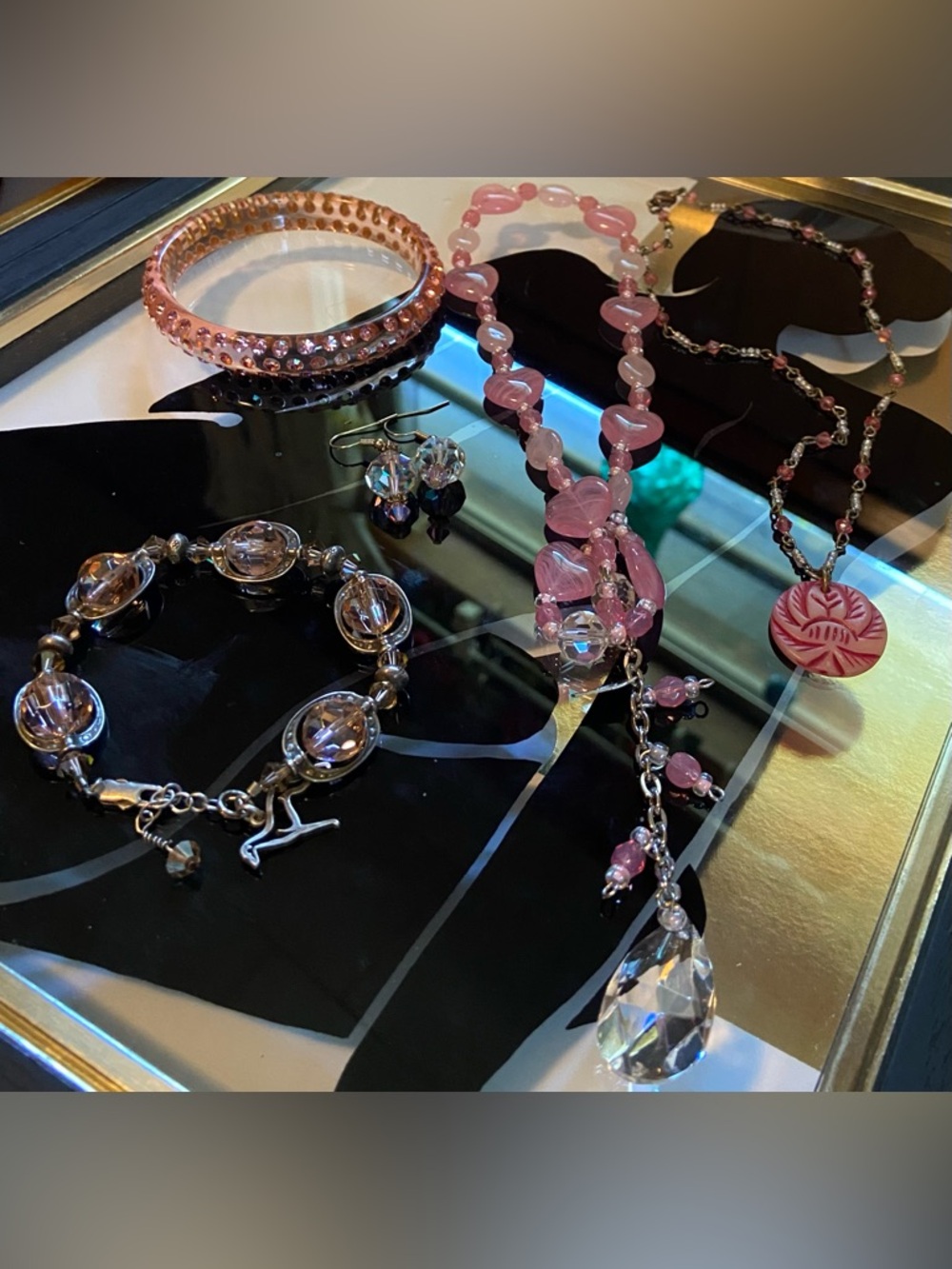 Pink Jewelry Lot-2 Necklaces, 2 Bracelets, One pair of Earrings